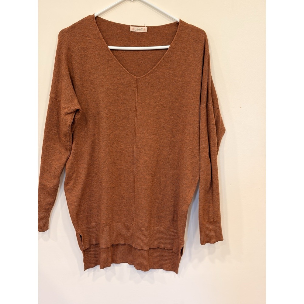 Rust V Neck Women Dolman Sweater Boho Lagenlook Artisanal Vintage Inspired Sz S